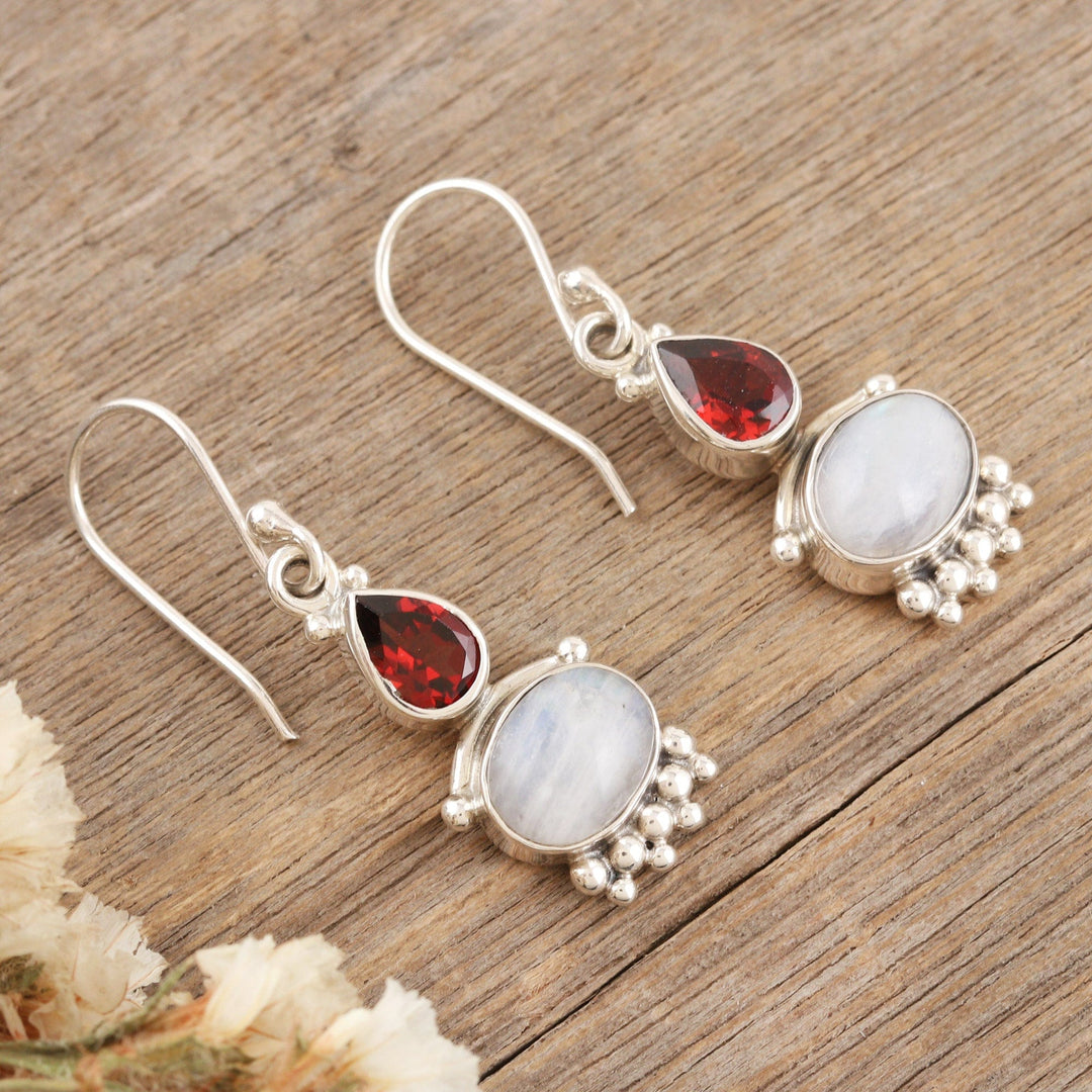 Rainbow Moonstone & Garnet Sterling Silver Dangle Earrings - Dual Love