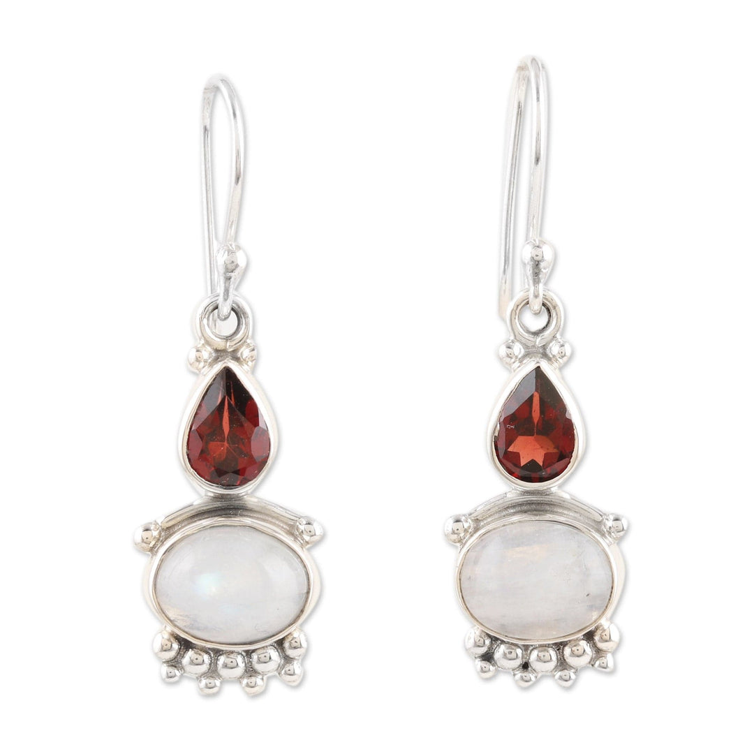 Rainbow Moonstone & Garnet Sterling Silver Dangle Earrings - Dual Love