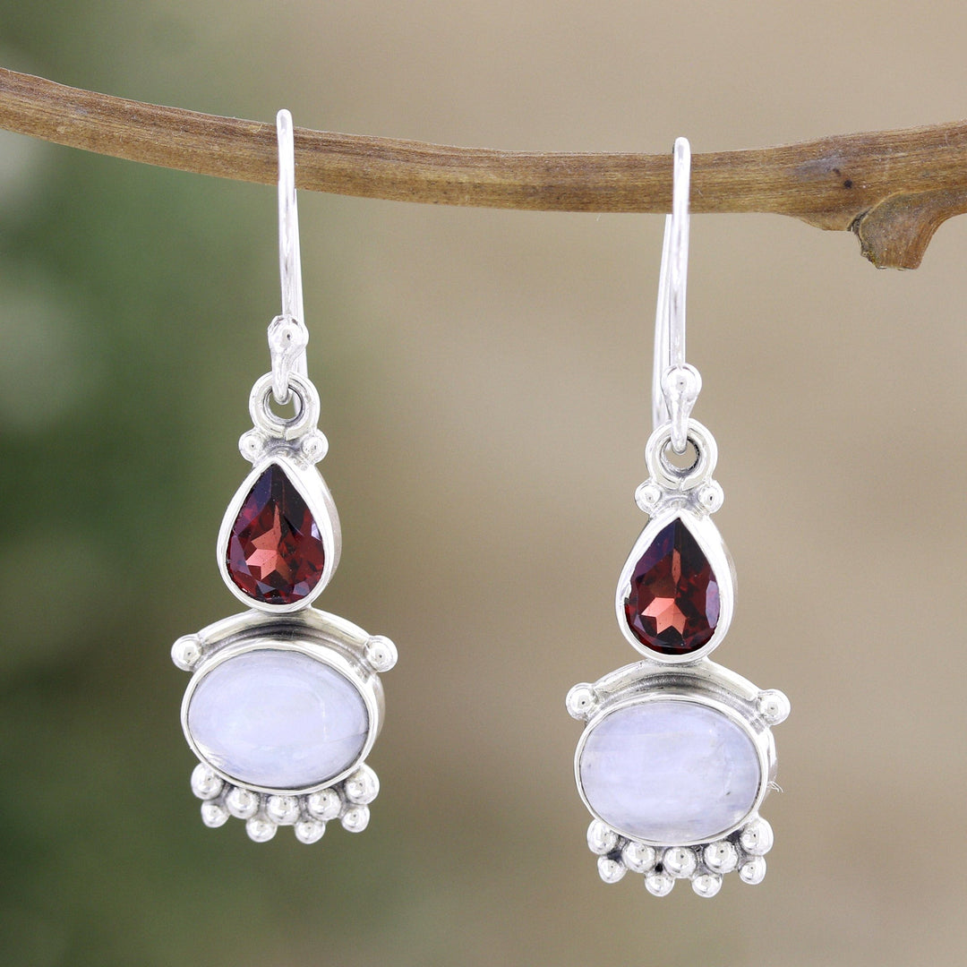 Rainbow Moonstone & Garnet Sterling Silver Dangle Earrings - Dual Love