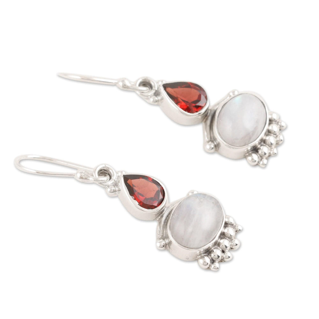 Rainbow Moonstone & Garnet Sterling Silver Dangle Earrings - Dual Love