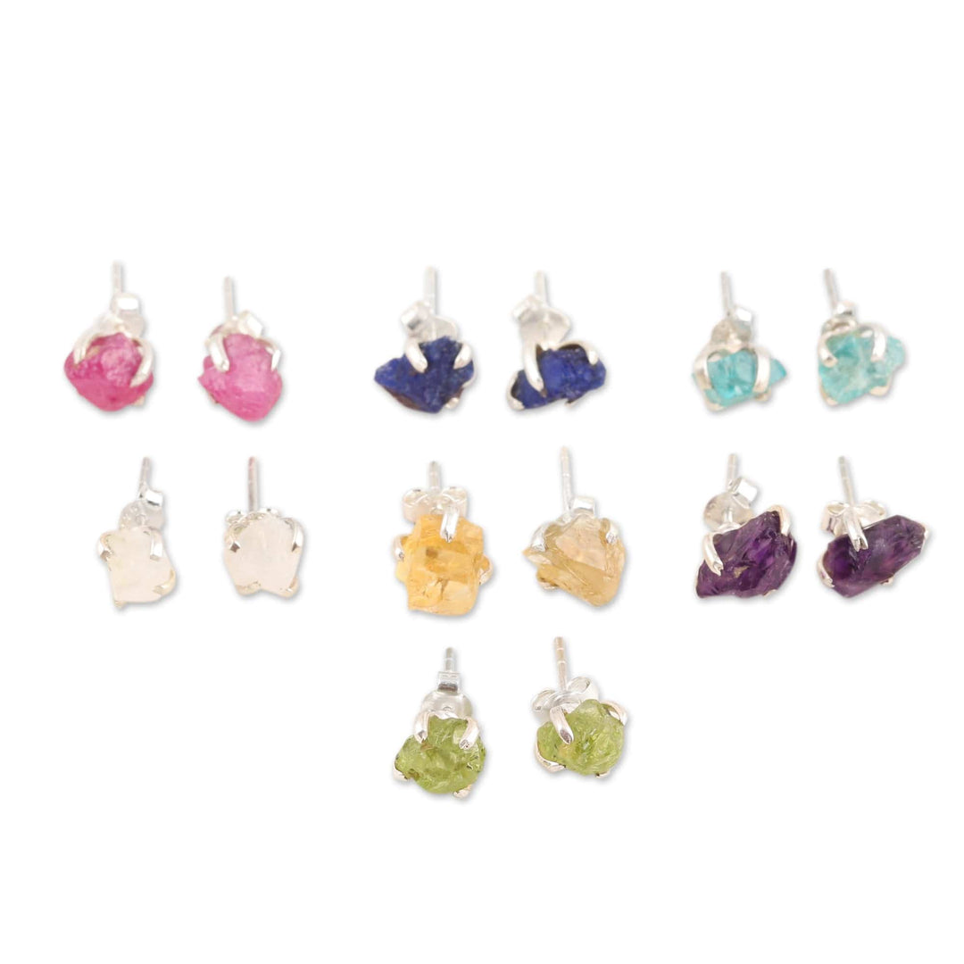 Set of 7 Gemstone Sterling Silver Stud Earrings - Magical Chants