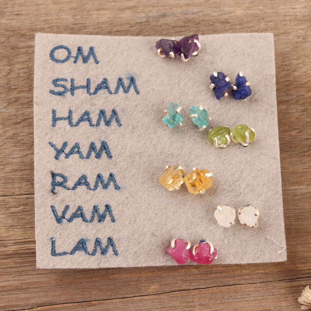 Set of 7 Gemstone Sterling Silver Stud Earrings - Magical Chants