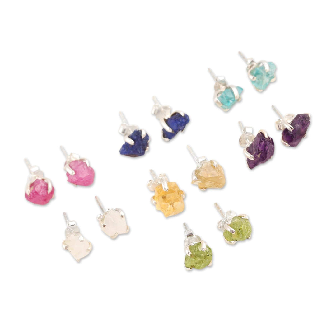 Set of 7 Gemstone Sterling Silver Stud Earrings - Magical Chants