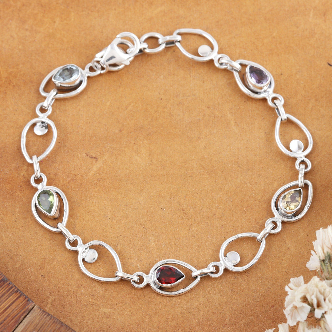 Multi-Gemstone Sterling Silver Link Bracelet - Charming Colors