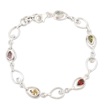 Multi-Gemstone Sterling Silver Link Bracelet - Charming Colors