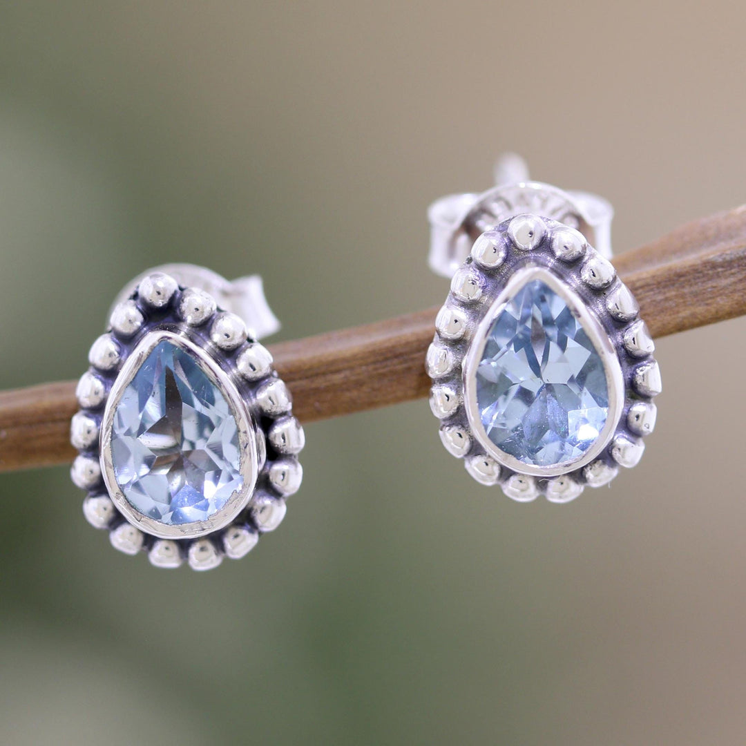 Sterling Silver Stud Earrings with Faceted Blue Topaz Gems - Dazzling Loyalty