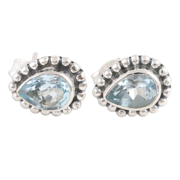 Sterling Silver Stud Earrings with Faceted Blue Topaz Gems - Dazzling Loyalty