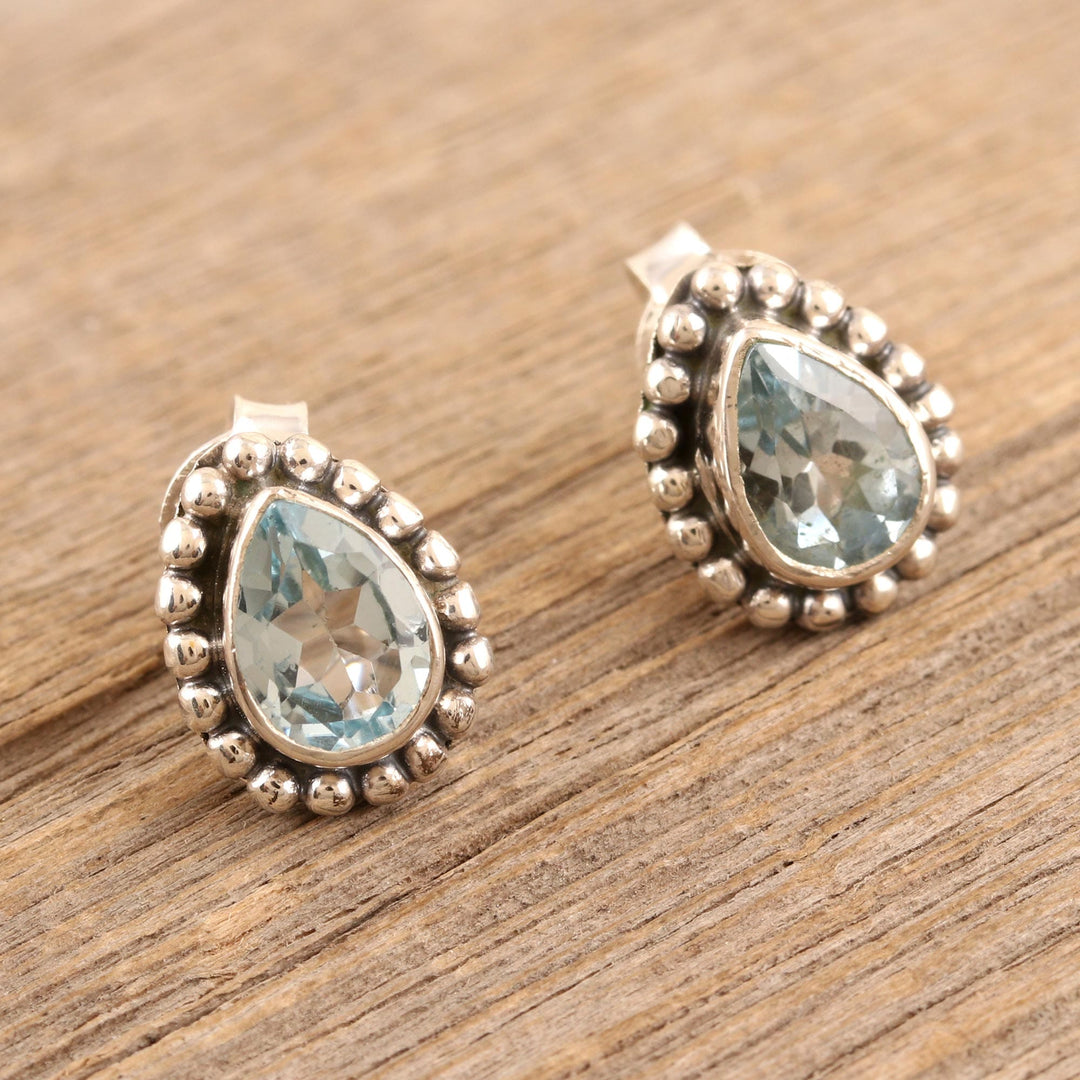 Sterling Silver Stud Earrings with Faceted Blue Topaz Gems - Dazzling Loyalty
