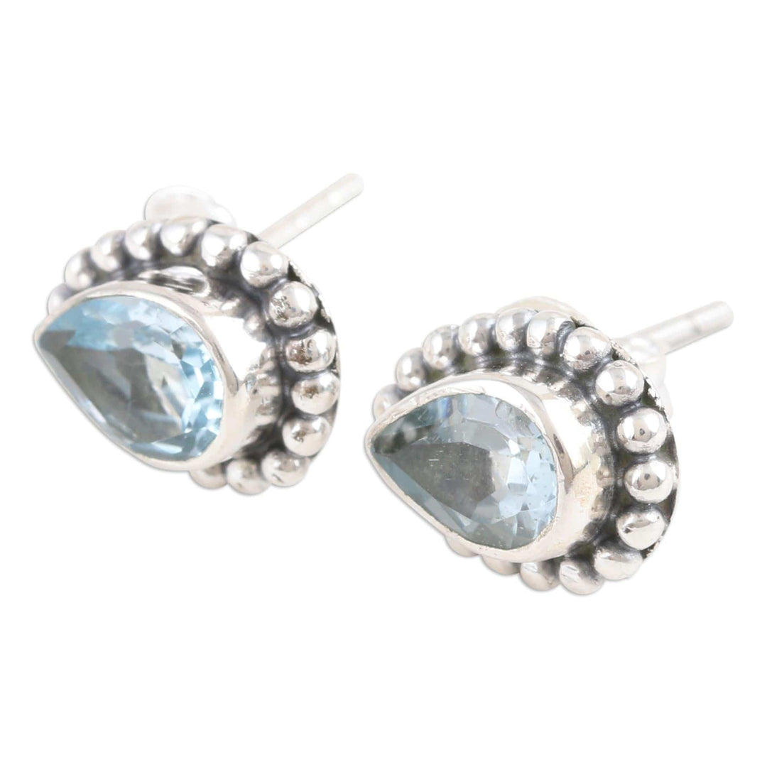 Sterling Silver Stud Earrings with Faceted Blue Topaz Gems - Dazzling Loyalty
