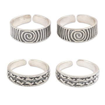 Sterling Silver Toe Rings in a Combination Finish - Set of 2 - Spirals and Lines