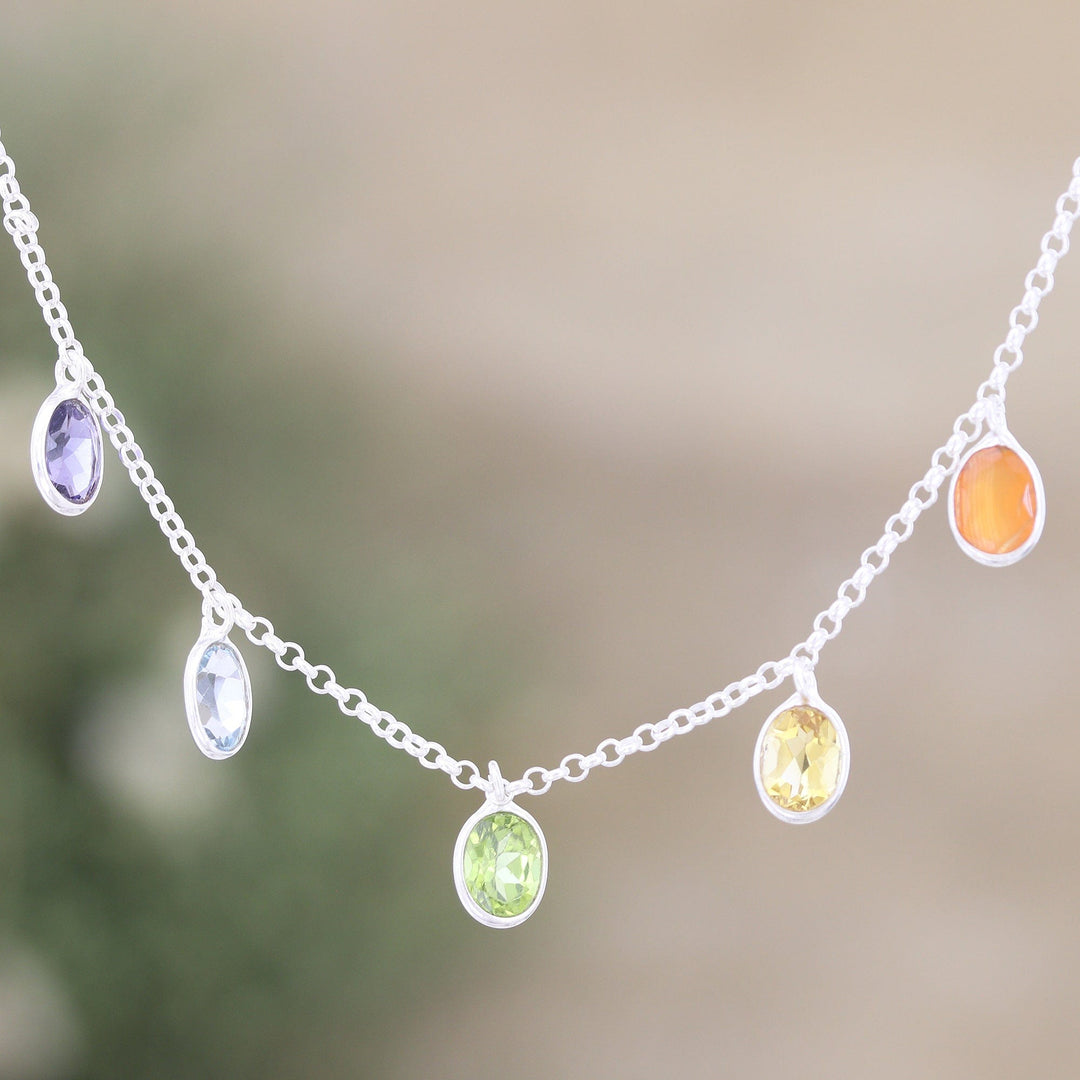 Sterling Silver Charm Necklace with Faceted Gemstones - Sweet Rainbow Souls