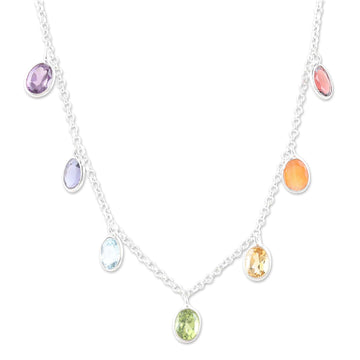 Sterling Silver Charm Necklace with Faceted Gemstones - Sweet Rainbow Souls