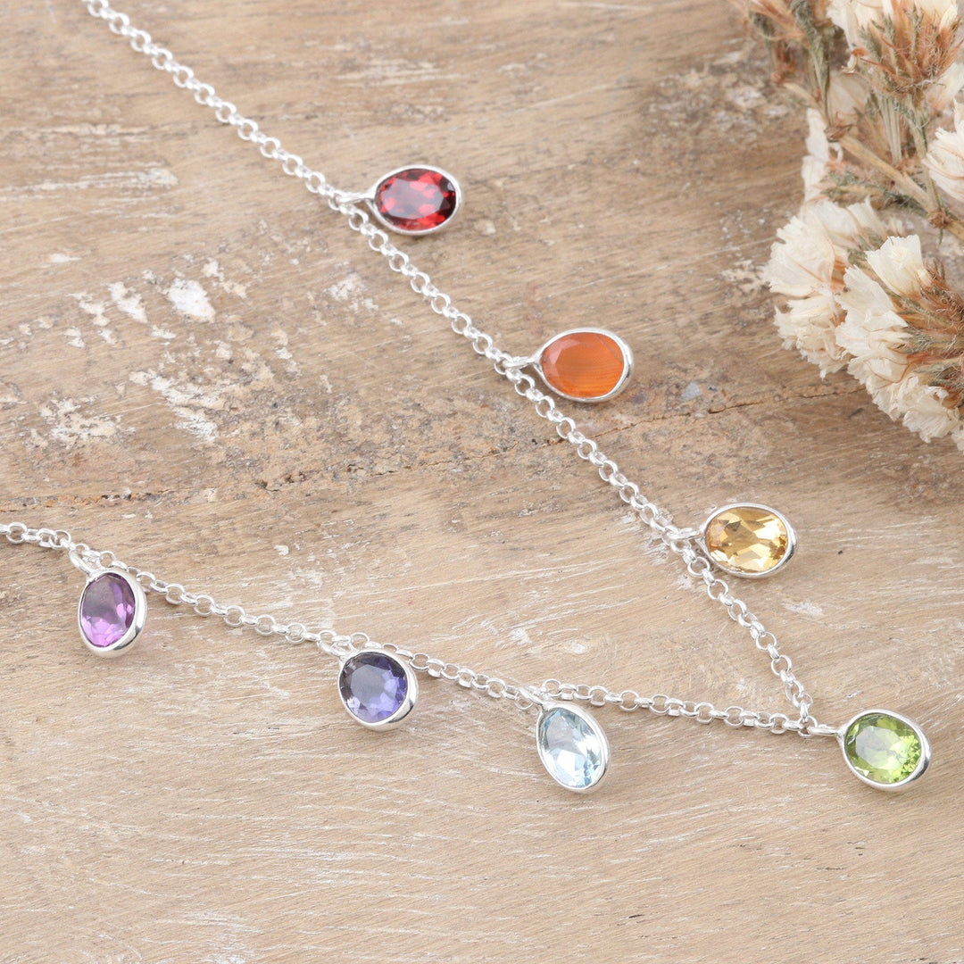 Sterling Silver Charm Necklace with Faceted Gemstones - Sweet Rainbow Souls