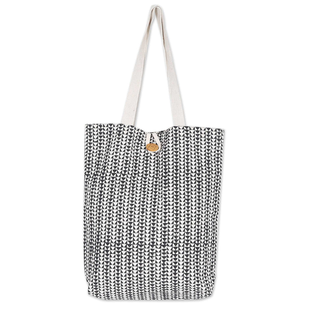 Black Cotton Tote Bag with Hand-Blocked Printed Triangles - Triangular Harmony