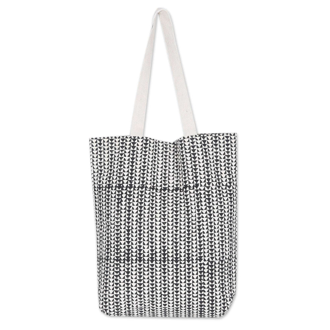 Black Cotton Tote Bag with Hand-Blocked Printed Triangles - Triangular Harmony