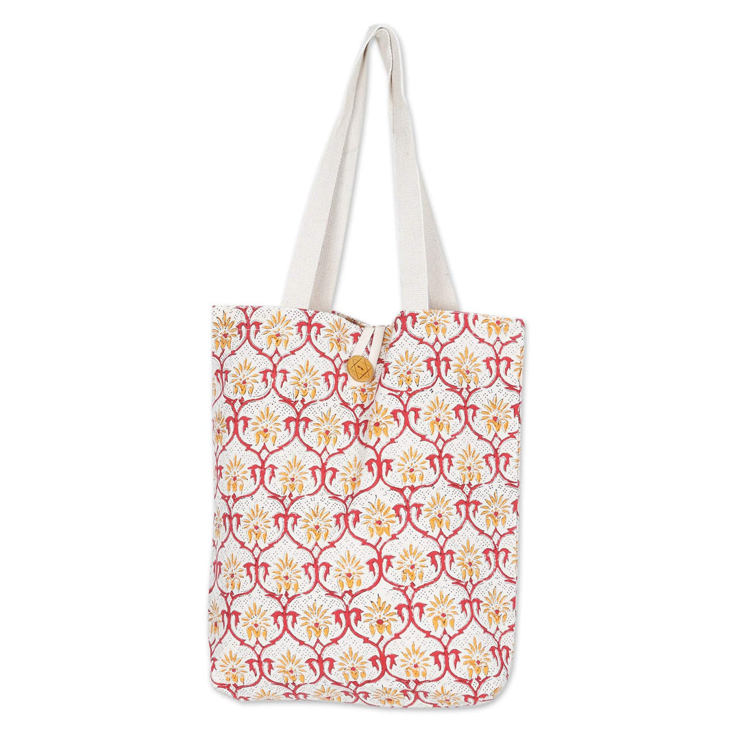 Handcrafted Cotton Tote Bag with Floral Pattern in Saffron - Saffron Orchard