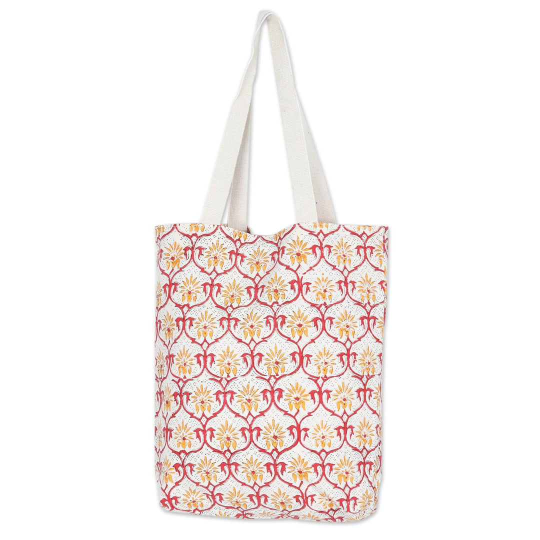 Handcrafted Cotton Tote Bag with Floral Pattern in Saffron - Saffron Orchard
