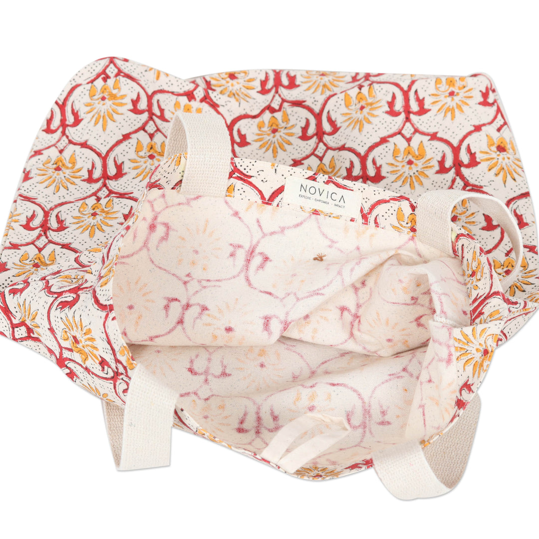 Handcrafted Cotton Tote Bag with Floral Pattern in Saffron - Saffron Orchard