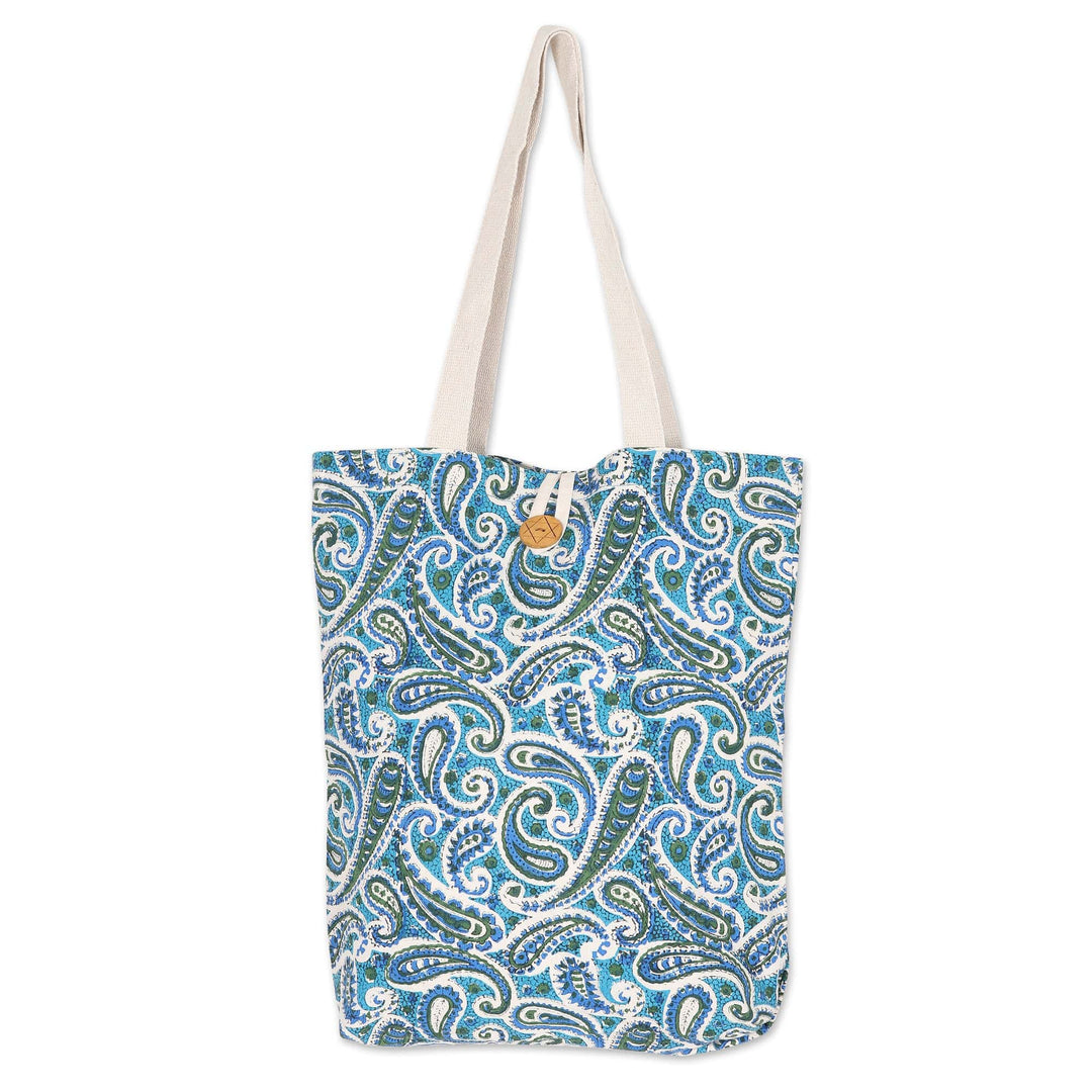 Cotton Tote Bag with Block-Printed Turquoise Pattern - Turquoise Paisley