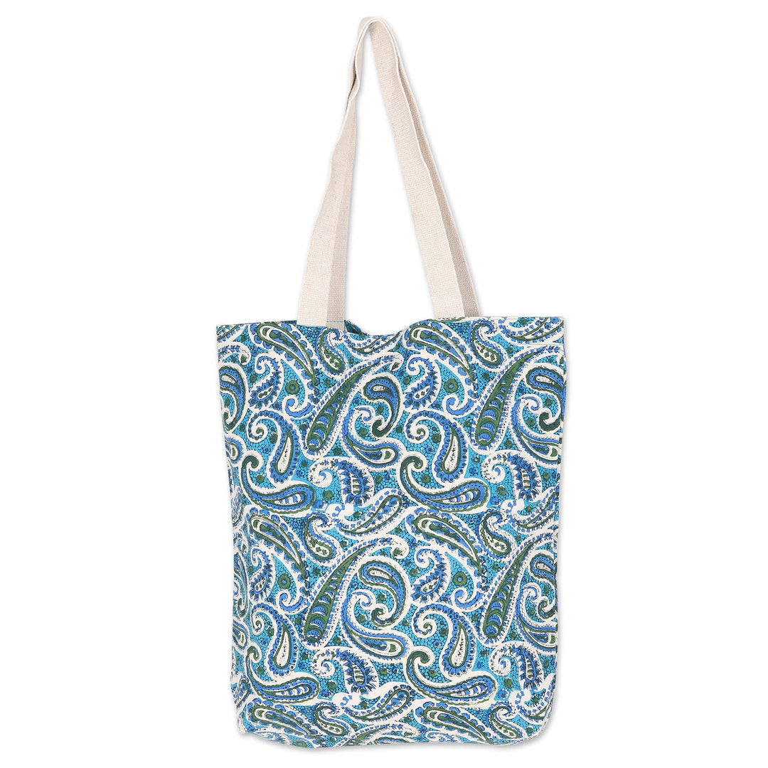Cotton Tote Bag with Block-Printed Turquoise Pattern - Turquoise Paisley