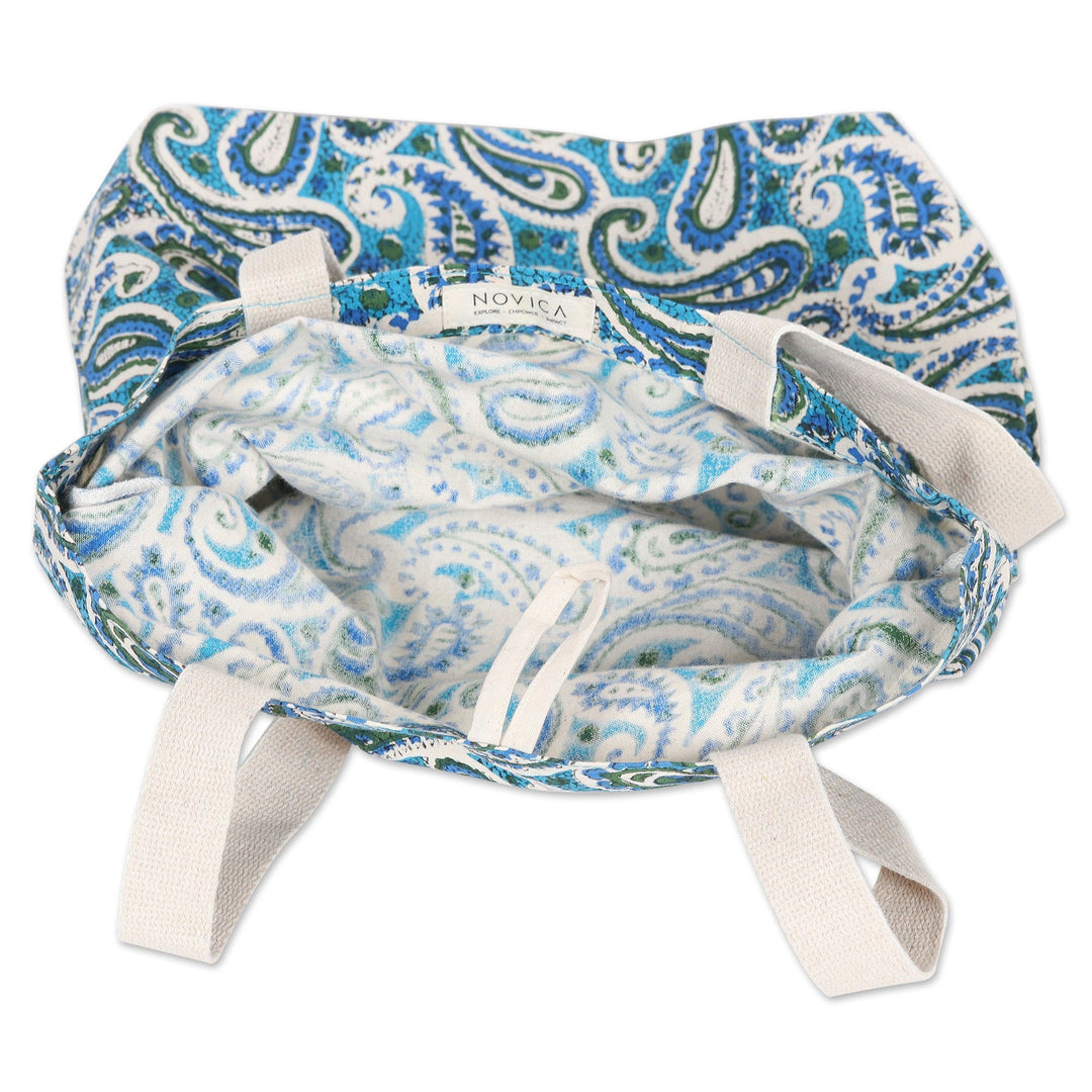Cotton Tote Bag with Block-Printed Turquoise Pattern - Turquoise Paisley