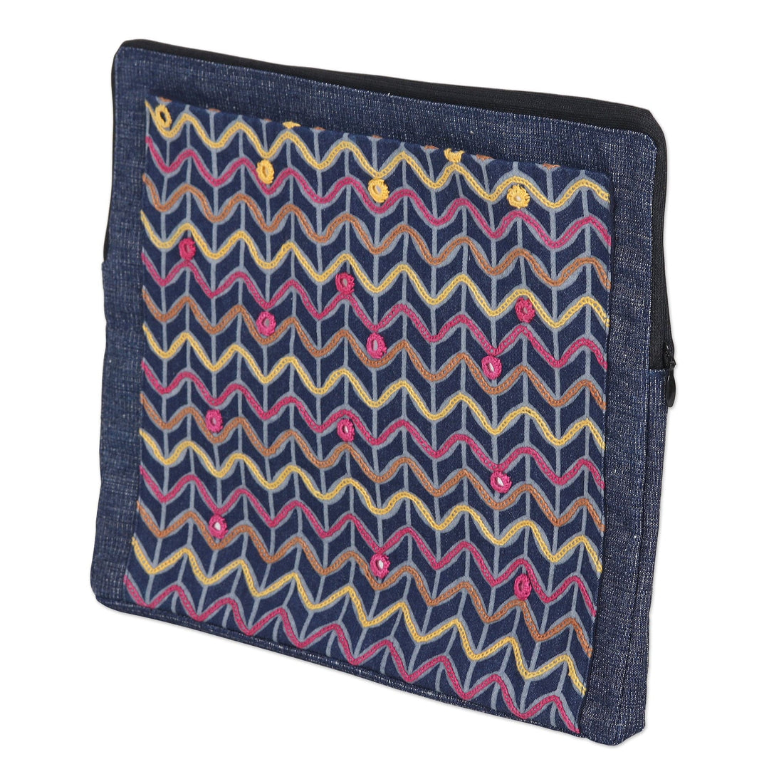 Cotton Tablet Sleeve in Navy and with Embroidered Details - Navy Winds