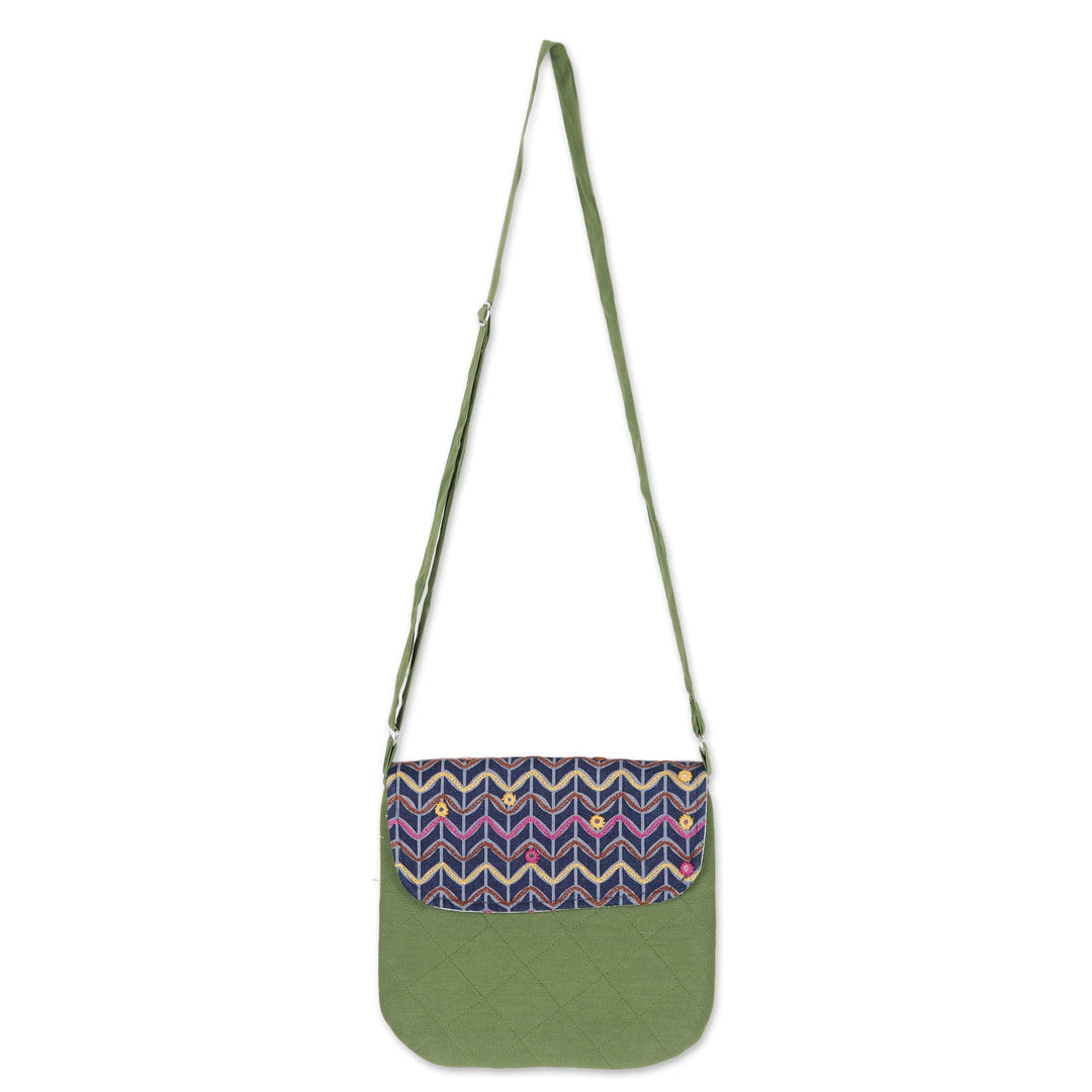 Green Cotton Sling Bag with Colorful Embroidered Details - Spring Waves