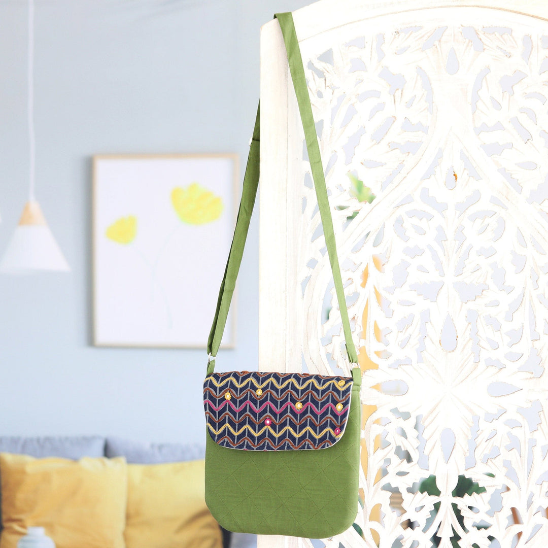 Green Cotton Sling Bag with Colorful Embroidered Details - Spring Waves