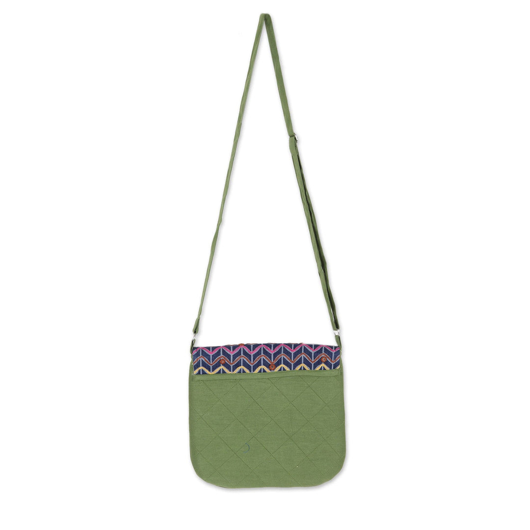 Green Cotton Sling Bag with Colorful Embroidered Details - Spring Waves