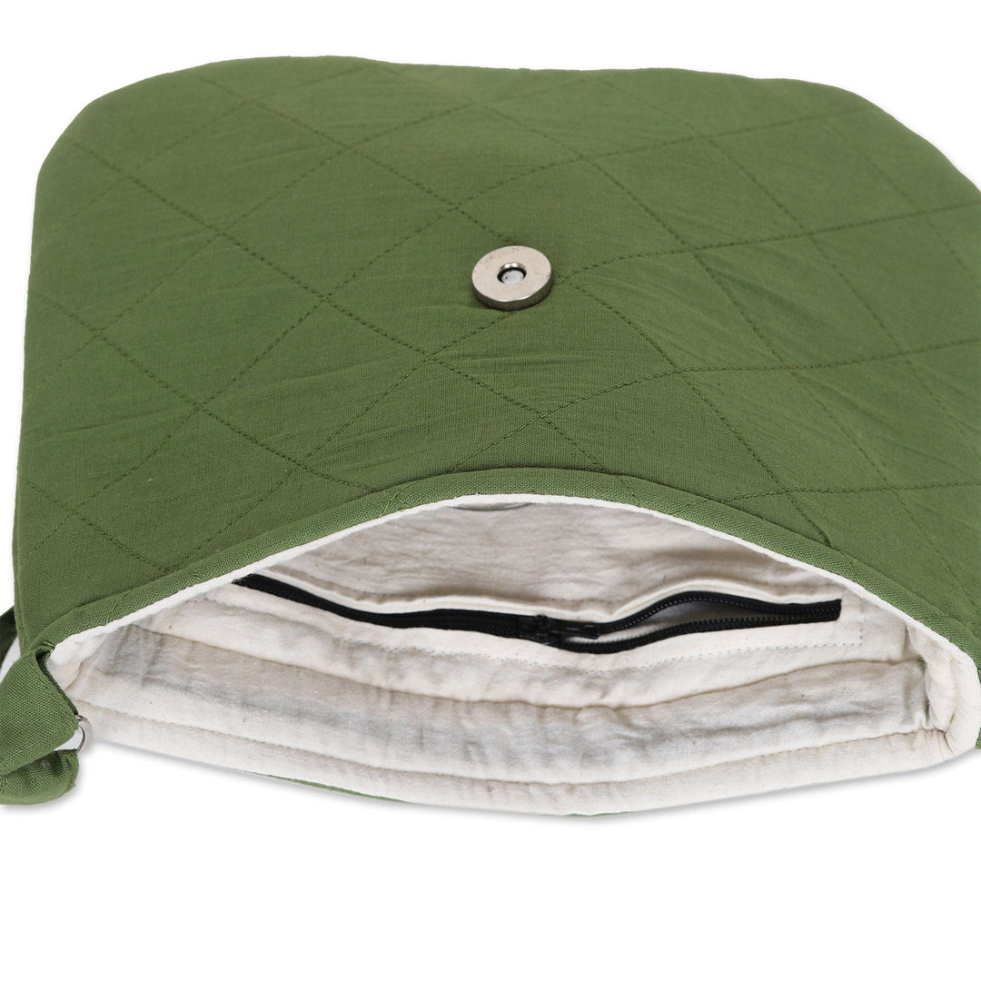 Green Cotton Sling Bag with Colorful Embroidered Details - Spring Waves
