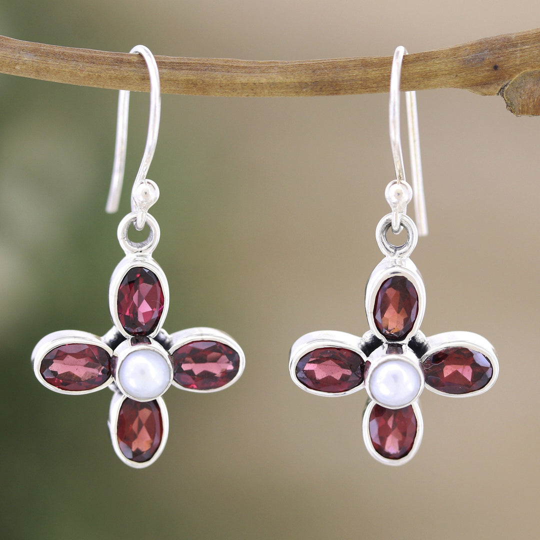 Sterling Silver Dangle Earrings with Garnet Gems and Pearls - Passionate Floral Dream