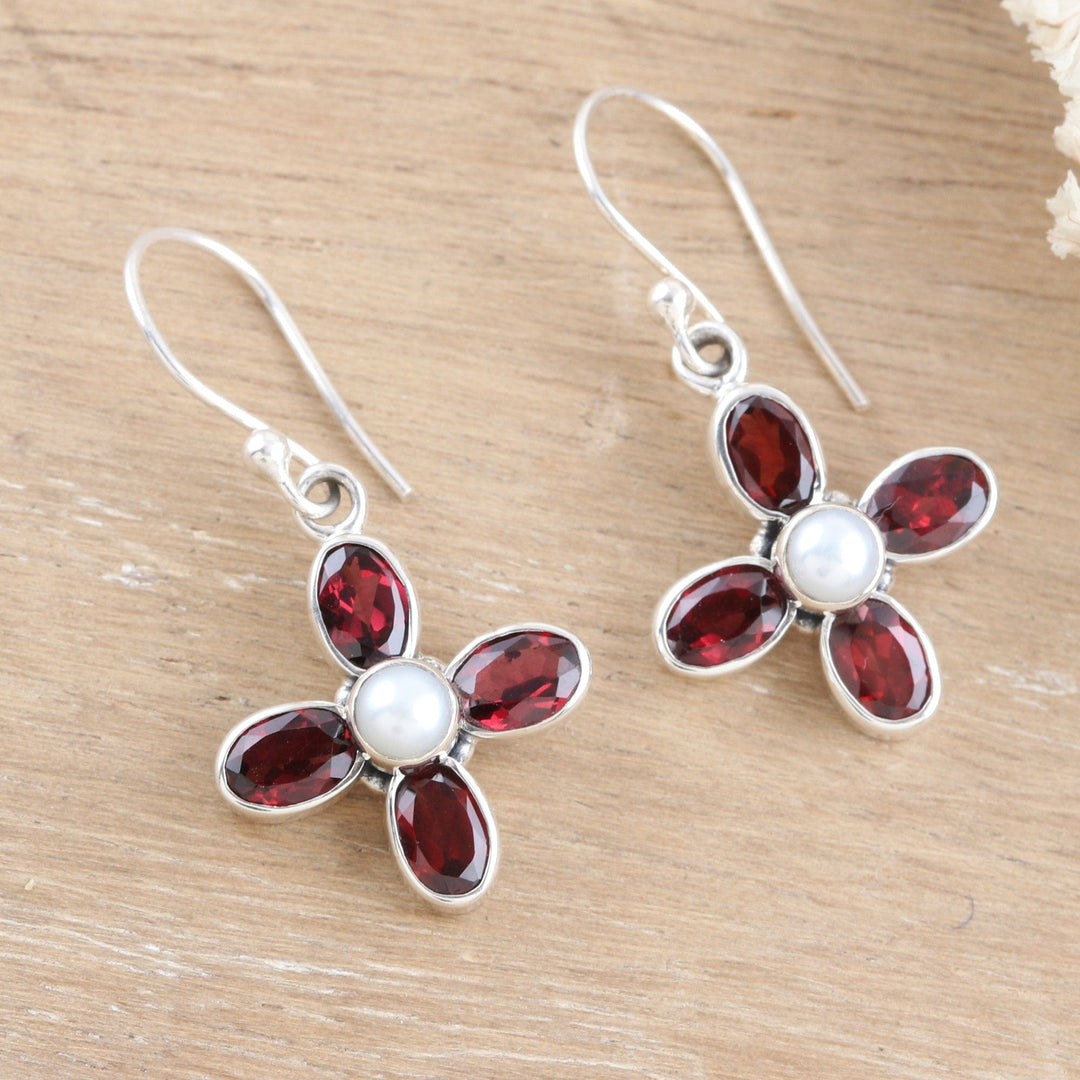 Sterling Silver Dangle Earrings with Garnet Gems and Pearls - Passionate Floral Dream