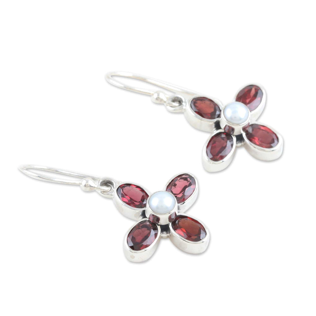 Sterling Silver Dangle Earrings with Garnet Gems and Pearls - Passionate Floral Dream