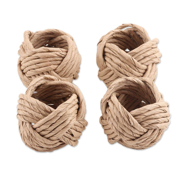 Set of 4 Handcrafted Brown Napkin Rings from India - Neatly Brown