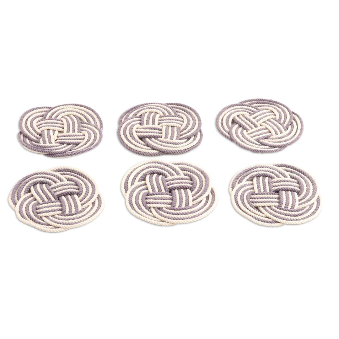 Set of 6 Blue and Ivory Cotton Coasters with Braided Design - Blue Ties