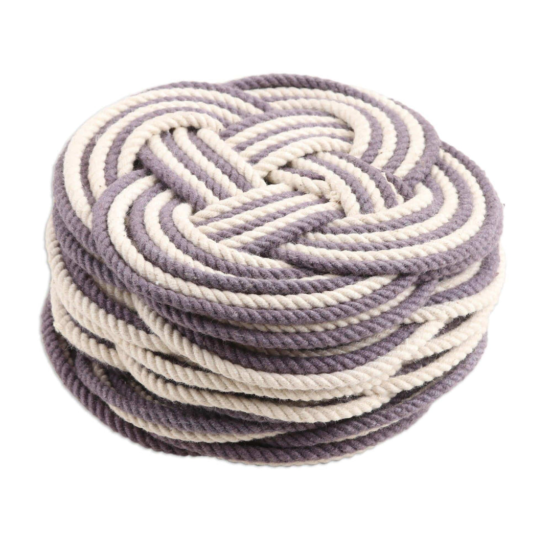 Set of 6 Blue and Ivory Cotton Coasters with Braided Design - Blue Ties