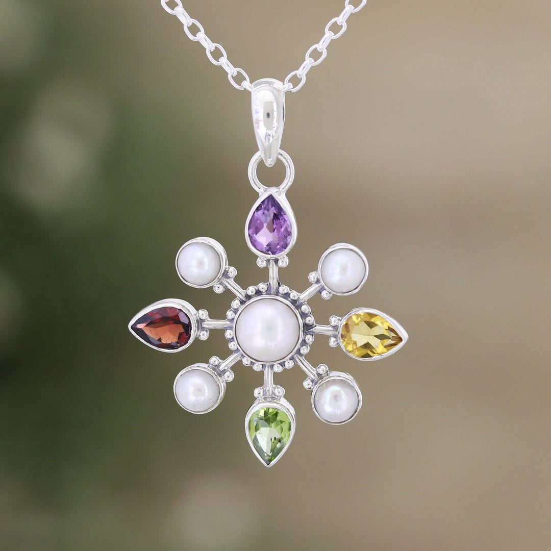 Sterling Silver Pendant Necklace with Colorful Jewels - Treasure Compass