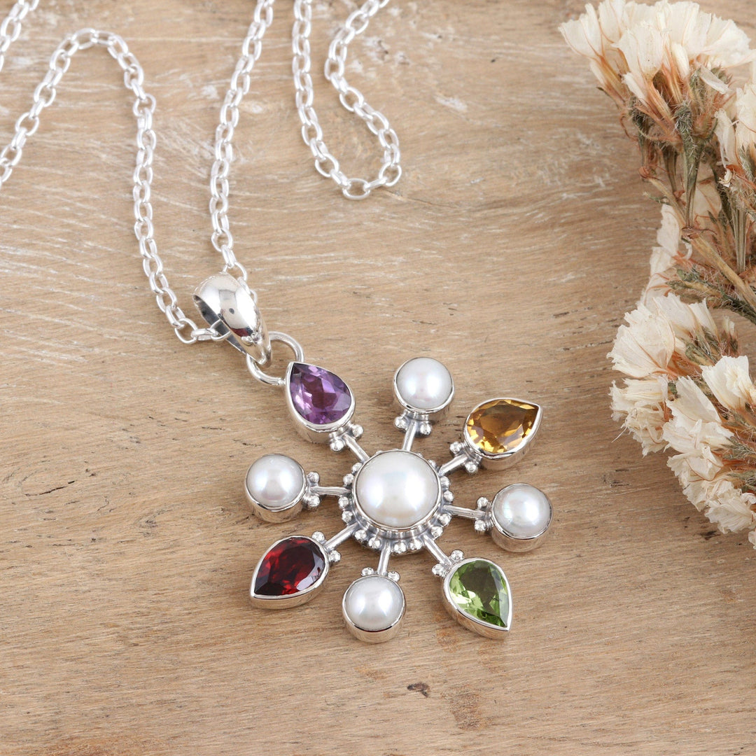Sterling Silver Pendant Necklace with Colorful Jewels - Treasure Compass