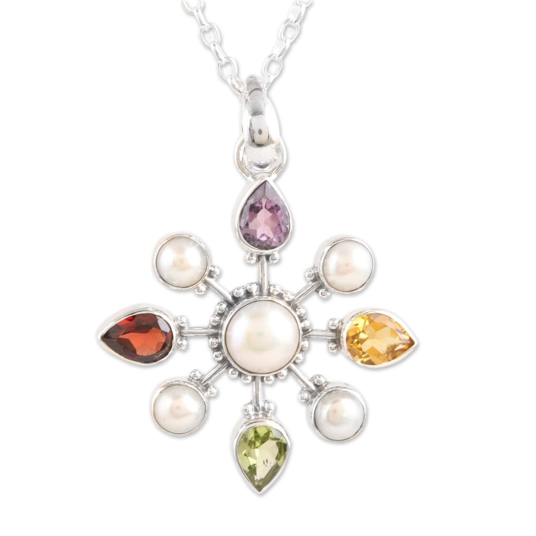 Sterling Silver Pendant Necklace with Colorful Jewels - Treasure Compass