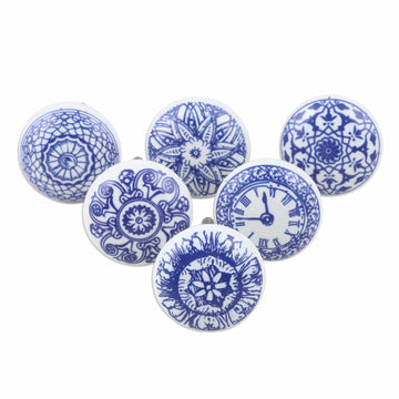 Set of 6 Handcrafted Blue Ceramic Knobs with Unique Patterns - Blue Imagination