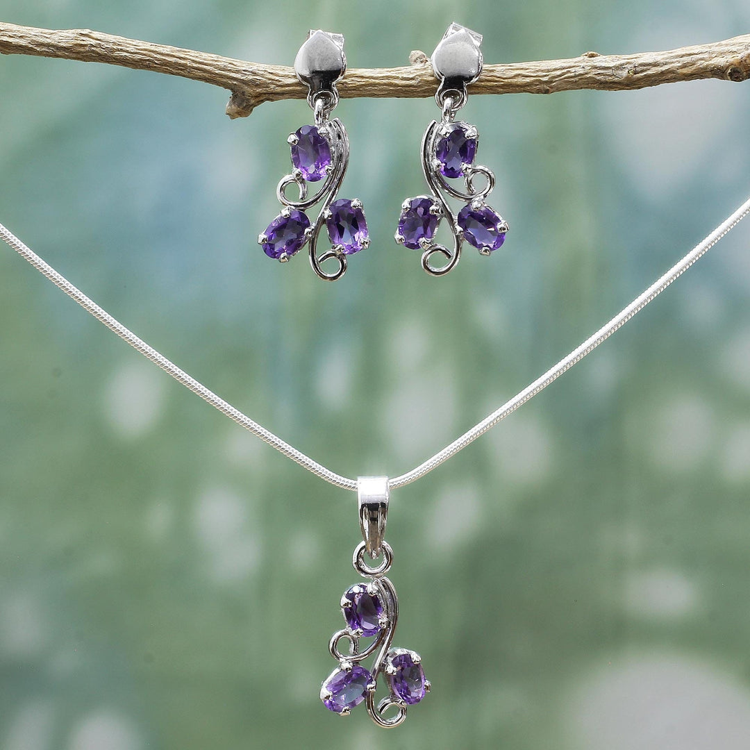 Fair Trade Amethyst Necklace and Earrings Jewelry Set  - Mystical Blooms
