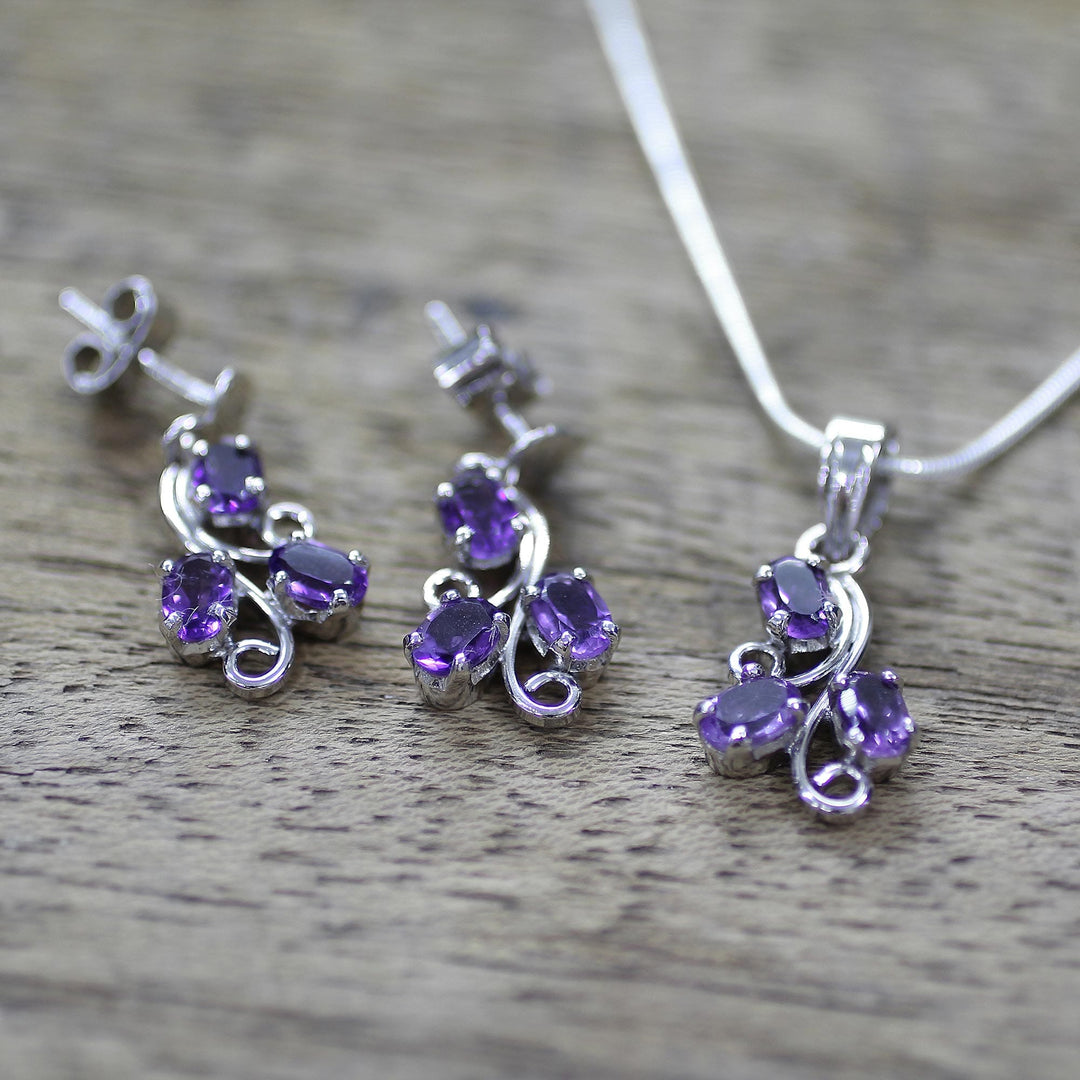 Fair Trade Amethyst Necklace and Earrings Jewelry Set  - Mystical Blooms