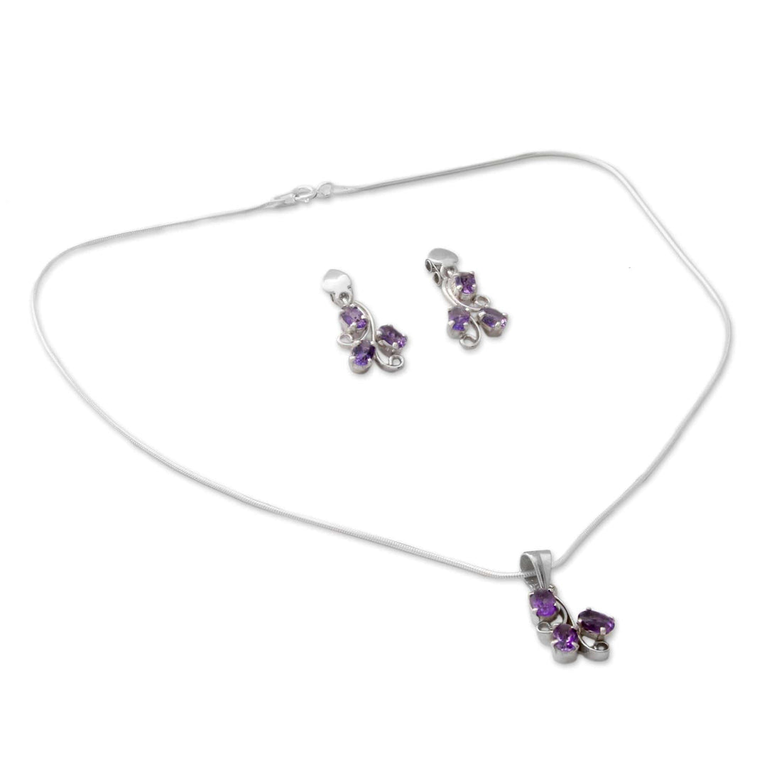 Fair Trade Amethyst Necklace and Earrings Jewelry Set  - Mystical Blooms