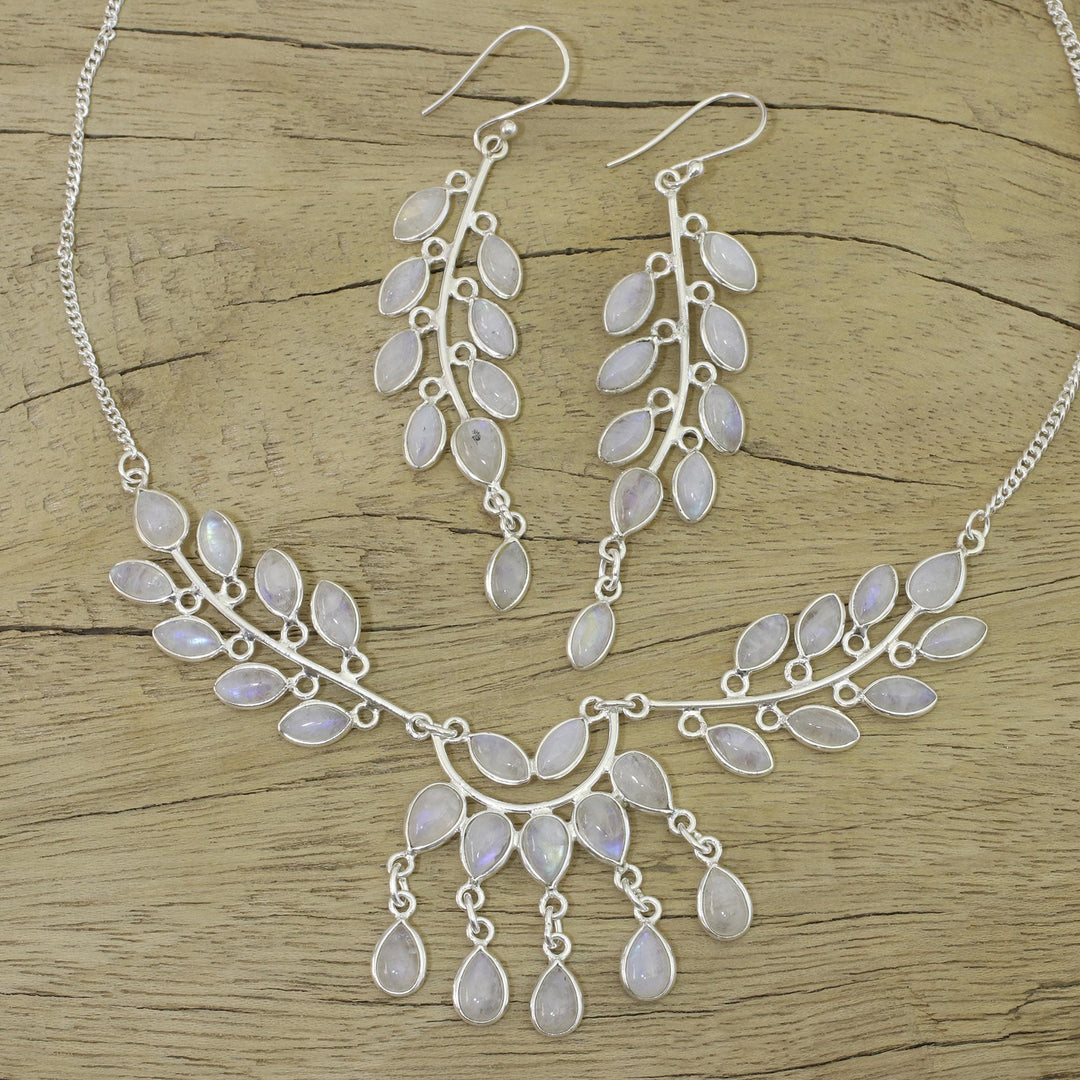 Rainbow Moonstone and Sterling Silver Jewelry Set - Falling Leaves
