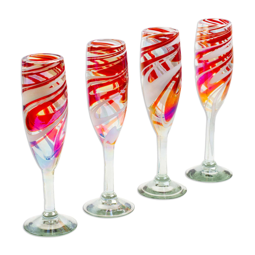 Set of 4 Eco-Friendly Red Handblown Champagne Flutes - Tropical Swirl