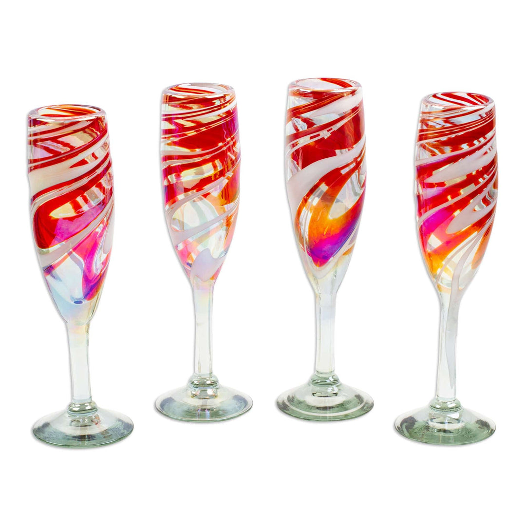Set of 4 Eco-Friendly Red Handblown Champagne Flutes - Tropical Swirl