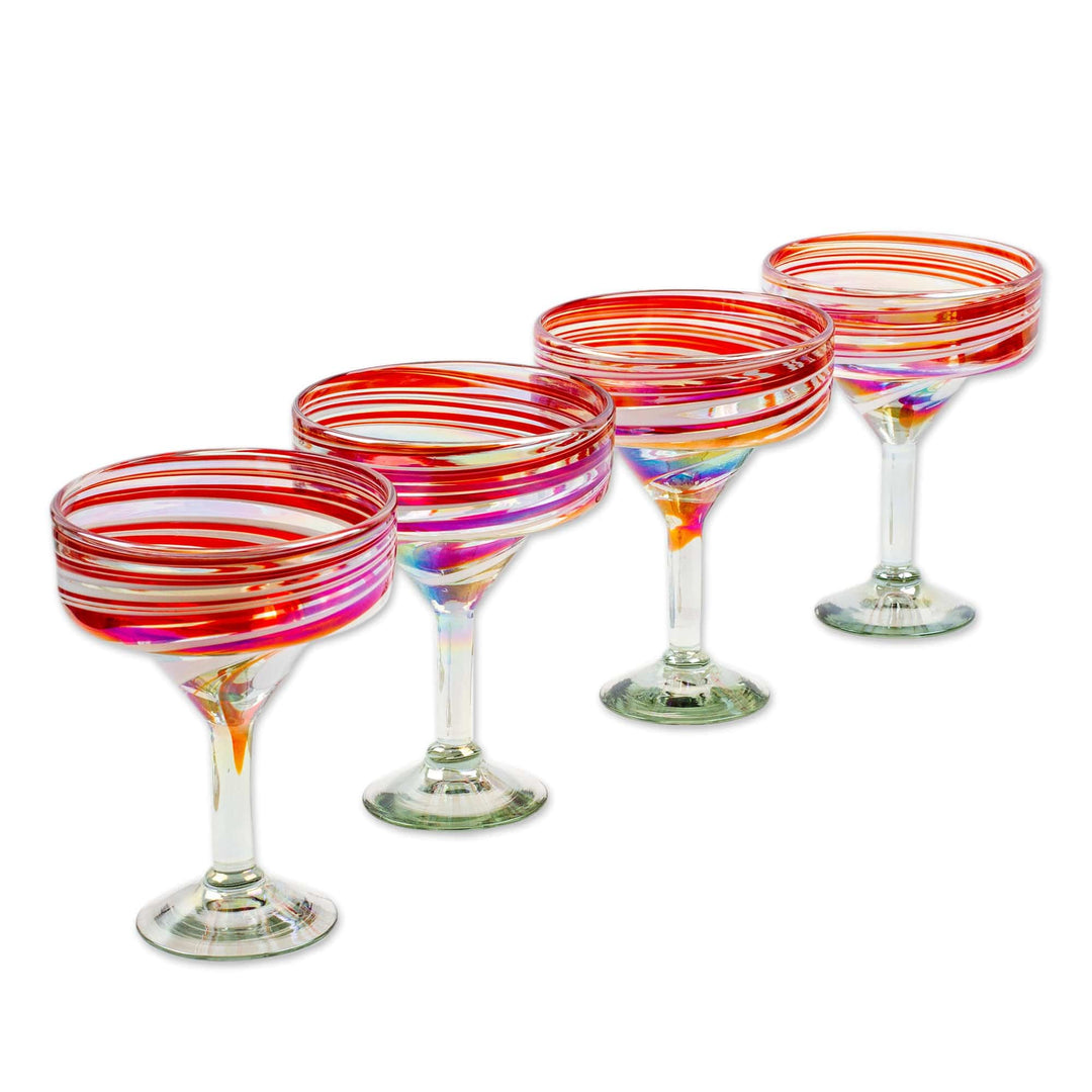 Set of 4 Eco-Friendly Red Handblown Margarita Glasses - Tropical Swirl