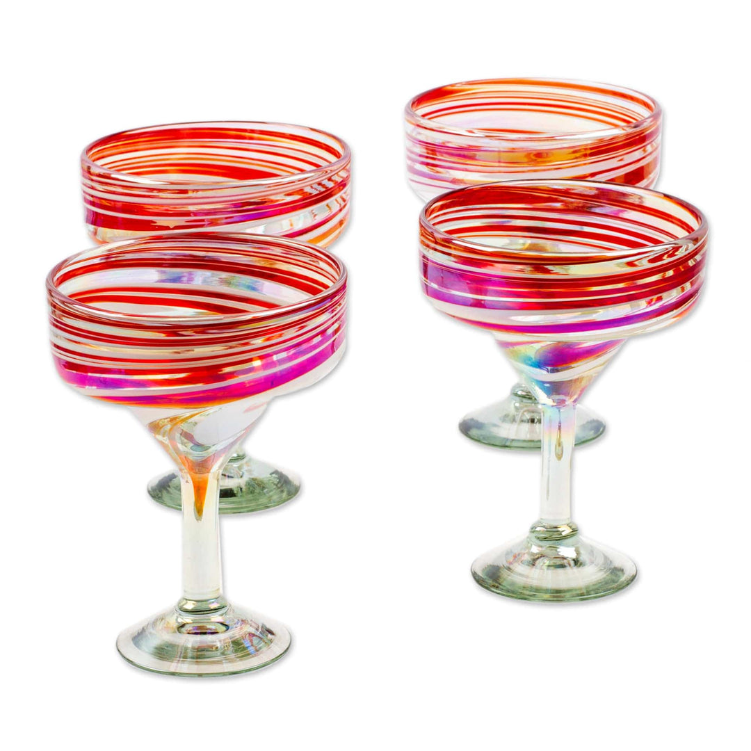 Set of 4 Eco-Friendly Red Handblown Margarita Glasses - Tropical Swirl