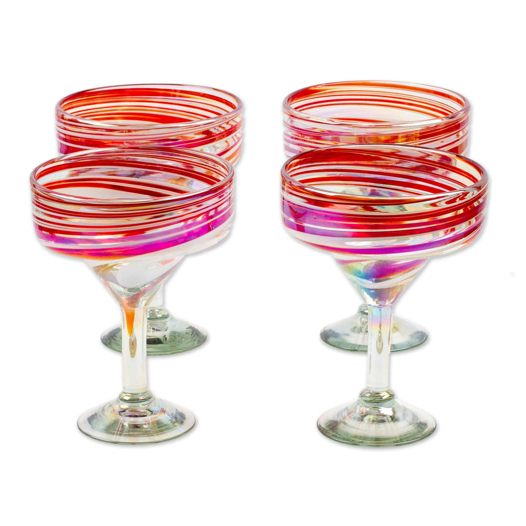 Set of 4 Eco-Friendly Red Handblown Margarita Glasses - Tropical Swirl