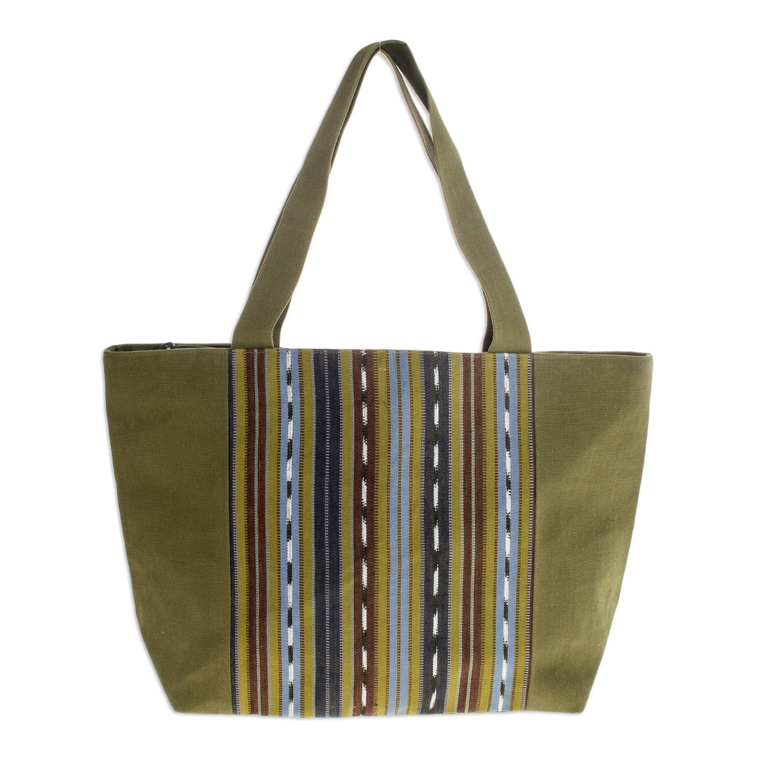 Green Striped Cotton Tote Bag Handwoven in Guatemala - Maya Meadows